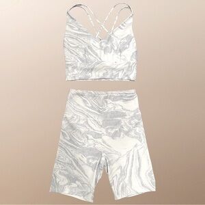 Forever21 biker shorts and sports bra. White/blue marble.
